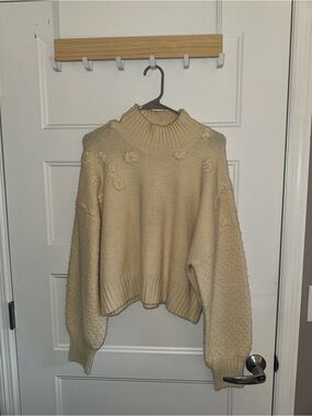 Jessica Simpson Ivory Floral Knit Shawl Collar Cardigan